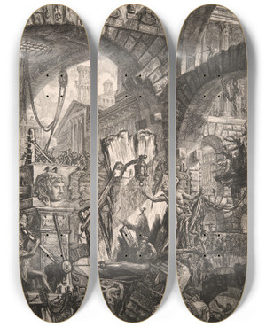 Triptych art skateboard deck of Giovanni Battista Piranesi The Man On The Rack by Giovanni Battista Piranesi (1720-1778)