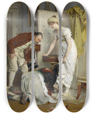 Triptych art skateboard deck of Franz Xaver Simm Die Schuhprobe by Franz Xaver Simm (1853-1918)