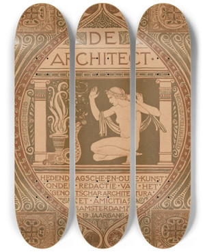 Triptych art skateboard deck of Richard Nicolas Roland Holst Omslagontwerp Voor De Architect 1911 by Richard Nicolaus Roland Holst (1868-1938)