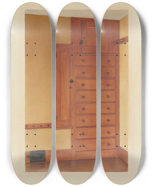 Triptych art skateboard deck of Alfred H Smith Builtin Cupboard And Drawers by Alfred H Smith