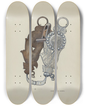 Triptych art skateboard deck of Eva Fox And Harry Mann Waddell Sultans Bit by Eva Fox And Harry Mann Waddell