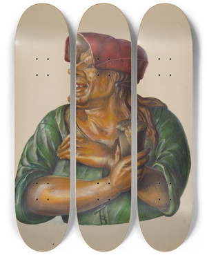 Triptych art skateboard deck of Walter Hochstrasser Tavern Figure by Walter Hochstrasser (20-)