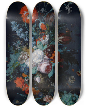 Triptych art skateboard deck of Jan Van Huysum Still Life Of Flowers And Fruit by Jan Van Huysum (1682-1749)