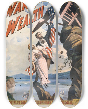 Triptych art skateboard deck of Strobridge Co Lith The War Of Wealth_2 by Strobridge Co Lith (1847)
