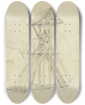Triptych art skateboard deck of Jakob Becker Group Of Trees By A Lane by Jakob Becker (1810-1872)