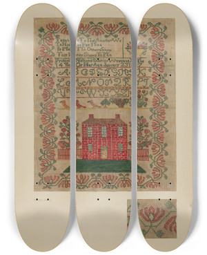 Triptych art skateboard deck of Eileen Knox Sampler by Eileen Knox