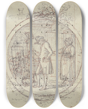 Triptych art skateboard deck of Daniel Nikolaus Chodowiecki Ein Gebeugter Alter Mann Mit Hut Und Stock Steht Nach Links Gewandt In Seinem Zimmer Das Hinter Ihm Eine Alte Magd Mit Kaffeegeschirr Und Hausschuhen Betritt by Daniel Nikolaus Chodowiecki (1726-1801)