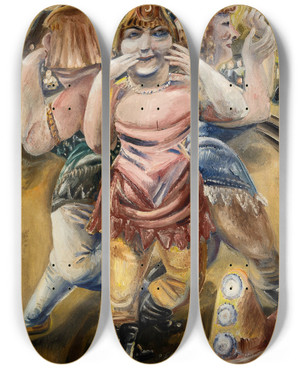 Triptych art skateboard deck of Paul Kleinschmidt Kusshand Werfende Zirkustnzerinnen by Paul Kleinschmidt (1883-1949)