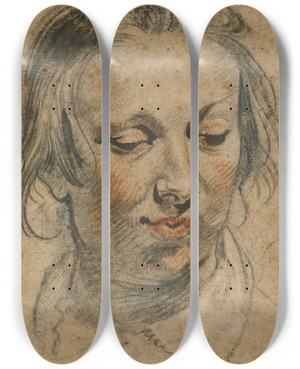 Triptych art skateboard deck of Jacob Jordaens Head Of A Woman by Jacob Jordaens (1593-1678)