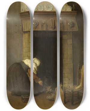Triptych art skateboard deck of Jacob Vrel Woman At The Hearth by Jacob Vrel (1617-1662)