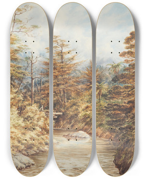 Triptych art skateboard deck of Charles Decimus Barraud New Zealand River Scene by Charles Decimus Barraud (1822-1897)