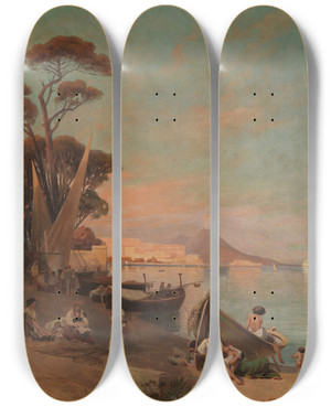 Triptych art skateboard deck of Arthur Fischer Sommertag Am Golf Von Neapel by Arthur Fischer (1872-1948)