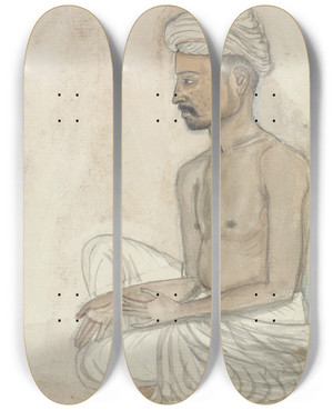 Triptych art skateboard deck of Gangaram Chintaman Tambat Barechested Man Sitting Crosslegged by Gangaram Chintaman Tambat Triptych art skateboard deck of Gangaram Chintaman Tambat Barechested Man Sitting Crosslegged by Gangaram Chintaman Tambat