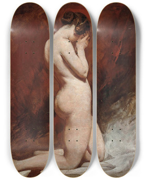 Triptych art skateboard deck of William Etty Kneeling Nude by William Etty (1787-1849)