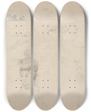 Triptych art skateboard deck of Hans Gude Fra Ormya Kvinnehode by Hans Gude (1825-1903)