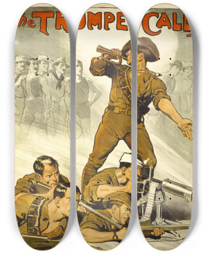Triptych art skateboard deck of Norman Lindsay The Trumpet Calls by Norman Lindsay (1879-1969)