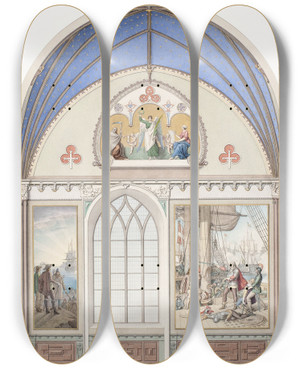 Triptych art skateboard deck of Heinrich Eddelien Udkast Til Hvlvingens Dekoration I Christian Ivs Kapel I Roskilde Domkirke Udsmykning Th Med Chr Iv P Trefoldigheden by Heinrich Eddelien (1802-1852)