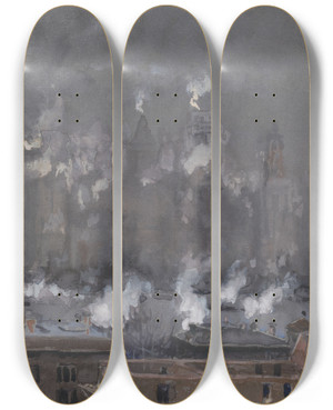 Triptych art skateboard deck of Joseph Pennell Smoke And Fog On Gray Day New York City by Joseph Pennell (1857-1926)