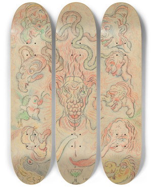 Triptych art skateboard deck of James Ensor Rendez Notre Ancienne Face Fors Les Chers Faux Nez Burlesques by James Ensor (1860-1949)