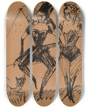 Triptych art skateboard deck of Ernst Ludwig Kirchner Two Dancers With A Cat by Ernst Ludwig Kirchner (1880-1938)