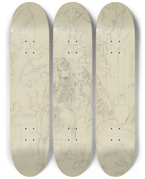 Triptych art skateboard deck of Jakob Becker Bauernbursche Und Mdchen Am Brunnen by Jakob Becker (1810-1872)