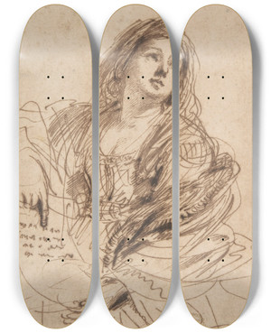 Triptych art skateboard deck of Guercino A Sibyl Holding A Scroll Study For The Cimmerian Sibyl by Guercino (1591-1666)
