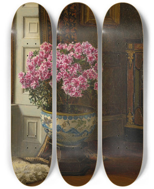 Triptych art skateboard deck of Jessica Hayllar A Double Pink Azalea by Jessica Hayllar (1858-1940)