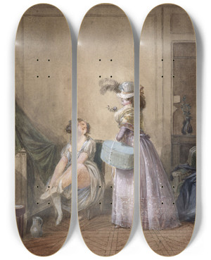 Triptych art skateboard deck of Jeanbaptiste Mallet Les Marchandes De Modes by Jean-Baptiste Mallet (1759-1835)
