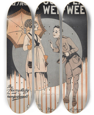 Triptych art skateboard deck of Albert Wilfred Barbelle And Hed Say Oo La La Wee Wee by Albert Wilfred Barbelle (1887-1957)