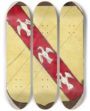 Triptych art skateboard deck of Prosper Lafaye Etude Pour Un Vitrail Motif Hraldique Cusson Iii by Prosper Lafaye (1806-1883)