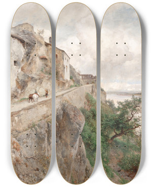 Triptych art skateboard deck of Eduard Peithner Von Lichtenfels Drnstein Am Weg Zum Schloss by Eduard Peithner Von Lichtenfels (1833-1913)