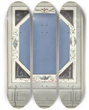 Triptych art skateboard deck of Abraham Meertens Ontwerp Voor Kamerversiering Met Een Paneel Met Centraal Een Blauwe Achthoek by Abraham Meertens (1747-1823)