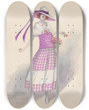 Triptych art skateboard deck of Will R Barnes Gingham Girl 5 by Will R Barnes (1939)