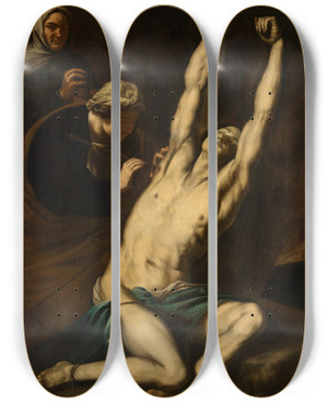 Triptych art skateboard deck of Luca Giordano Saint Sebastian Tended By Saint Irene by Luca Giordano (1634-1705)