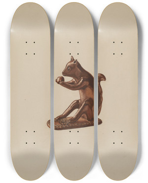 Triptych art skateboard deck of Yolande Delasser Squirrel Statuette by Yolande Delasser (1935)