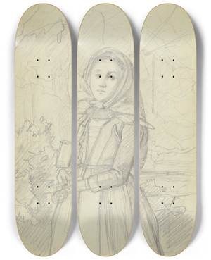 Triptych art skateboard deck of Jakob Becker Farmgirl In The Forest by Jakob Becker (1810-1872)