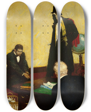 Triptych art skateboard deck of Harvey T Dunn The Masked Man by Harvey T Dunn (1884-1952)