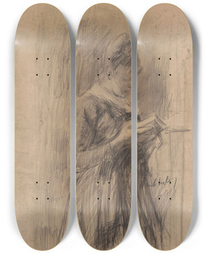 Triptych art skateboard deck of Jakob Smits Woman With Book by Jakob Smits (1855-1928)