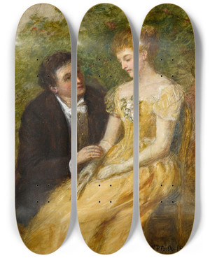 Triptych art skateboard deck of William Powell Frith A Study For In The Conservatory A Critical Moment by William Powell Frith (1819-1909)