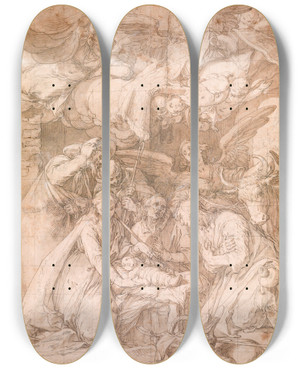 Triptych art skateboard deck of Abraham Bloemaert The Worship Of The Shepherds by Abraham Bloemaert (1564-1651)