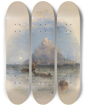 Triptych art skateboard deck of Thomas Creswick St Michaels Mount Cornwall by Thomas Creswick (1811-1869)