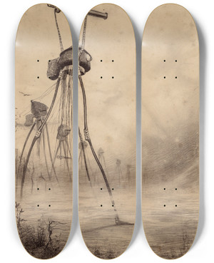 Triptych art skateboard deck of Henrique Alvim Corra Martian Gas Cannon by Henrique Alvim Correa (1876-1910)