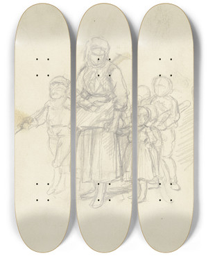 Triptych art skateboard deck of Jakob Becker Heimkehrende Frau Mit Kindern by Jakob Becker (1810-1872)
