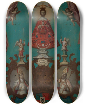 Triptych art skateboard deck of Nicols Enrquez The Virgin Of El Camino With St Fermn And St Saturnino by Nicolas Enriquez (1704-1795)