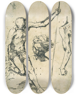 Triptych art skateboard deck of Giuseppe Ribera Gammel Ngen Mand Med Stav Studier Af Mandsarm Og Mandshoved by Giuseppe Ribera