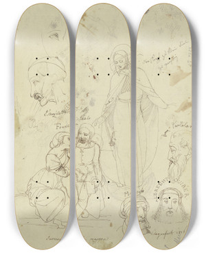 Triptych art skateboard deck of Johann Scheffer Von Leonhardshoff Studienblatt Figuren Und Kpfe by Johann Scheffer Von Leonhardshoff