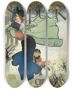 Triptych art skateboard deck of Frank Arthur Nankivell Puck Christmas 1899 by Frank Arthur Nankivell (1869-1959)