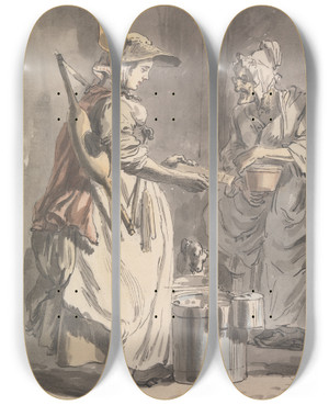 Triptych art skateboard deck of Paul Sandby London Cries A Milkmaid by Paul Sandby (1731-1809)