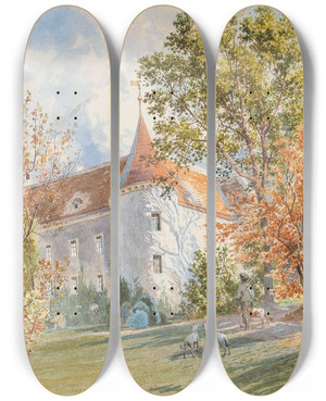 Triptych art skateboard deck of Ludwig Hans Fischer Jagdschlssl Im Herbstlichen Sonnenlicht by Ludwig Hans Fischer (1848-1915)