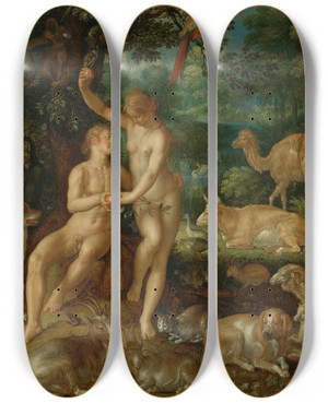 Triptych art skateboard deck of Joachim Wtewael Adam And Eve by Joachim Wtewael (1566-1638)